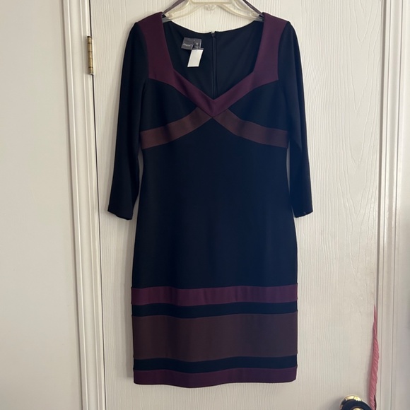 Muse Knit Black Dress Contrast Insets Bust and Hem Fall Colors Size 12 NWT - Picture 3 of 11